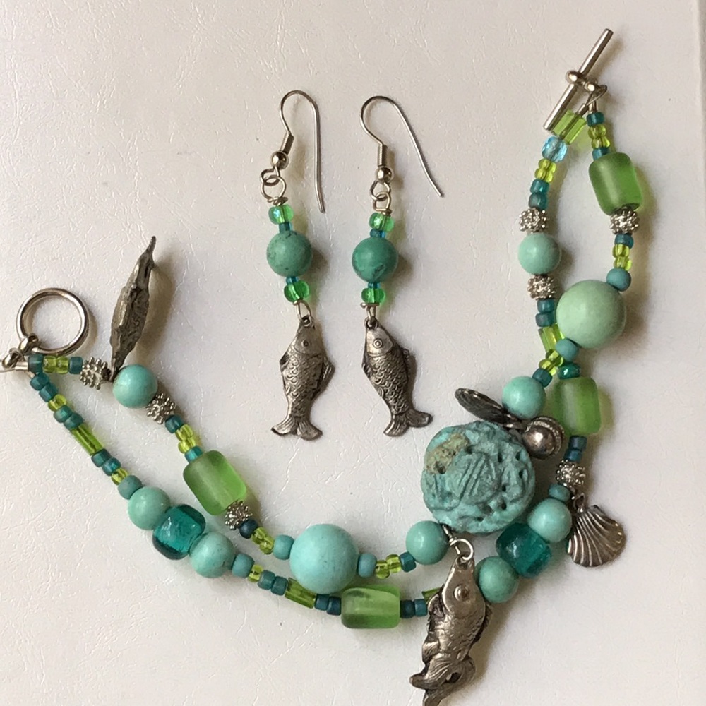 Turquoise & Glass Bead Chinese Silver Bracelet Set
